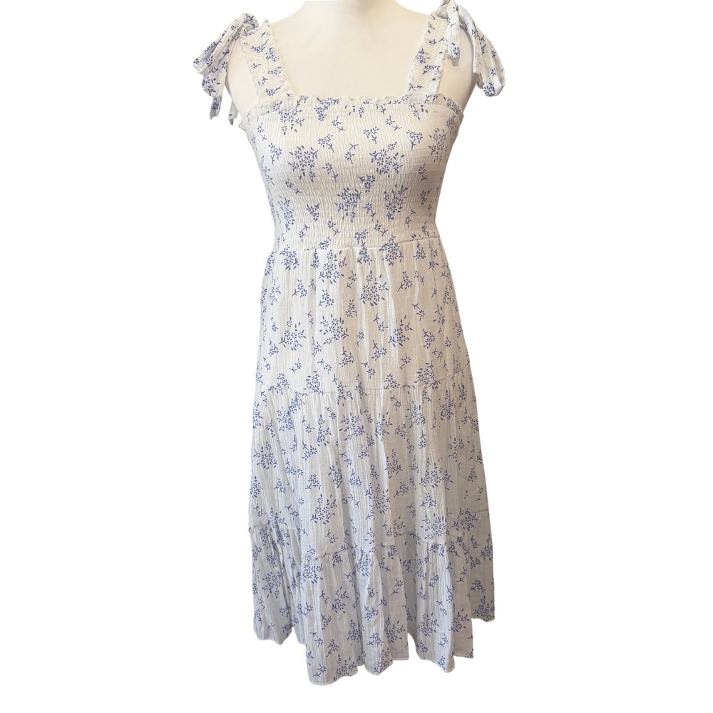 J. Gee Blue Floral Cottagecore Coastal Chic Smocked Midi Dress S White Blue Boho